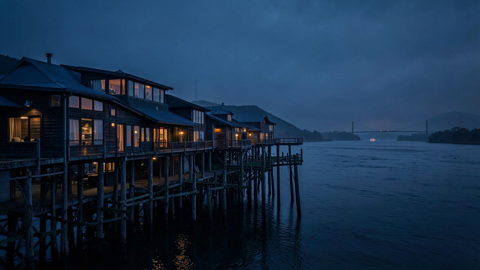 A hotel built on wooden pilings over a wide coastal river at twilight with warmly lit windows
