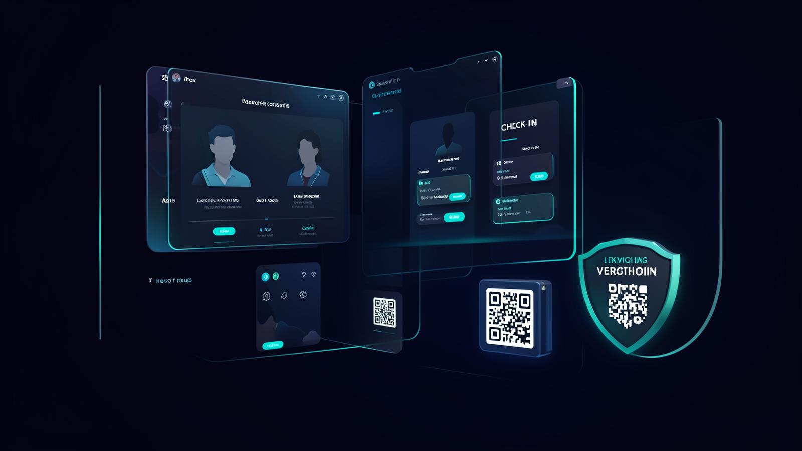 Abstract dark interface concept showing registration panels, check-in tiles and a verification shield