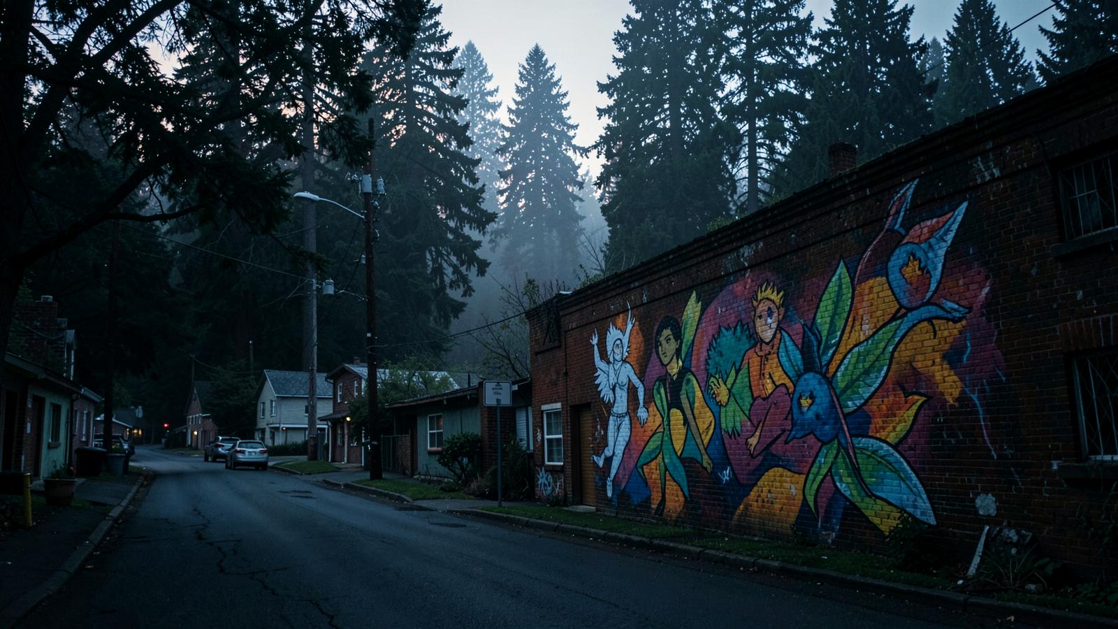A painted mural on a brick wall along a forested small-town Oregon street at dusk