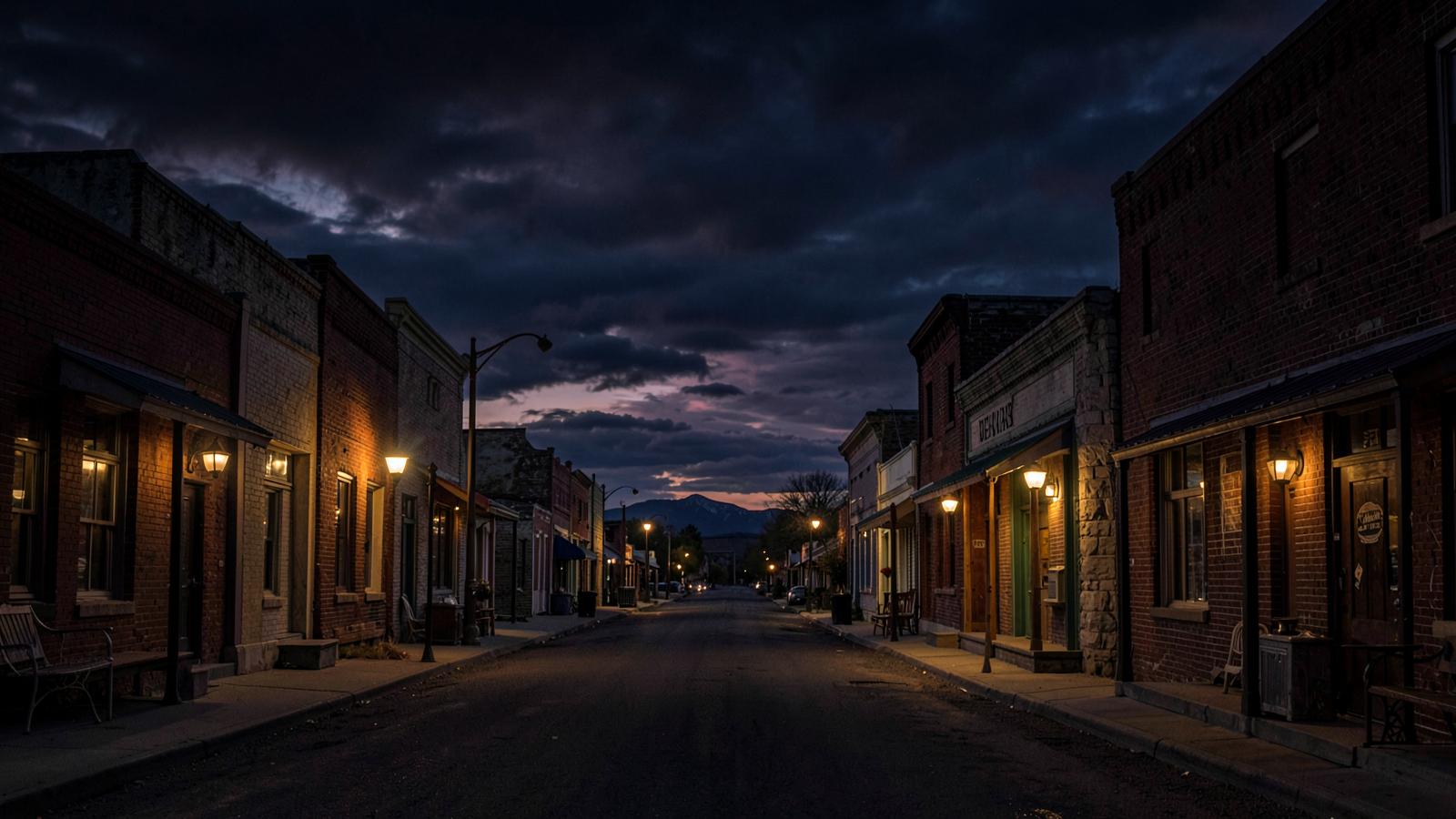 Historic downtown Pendleton, Oregon at dusk with brick buildings and warm street lighting