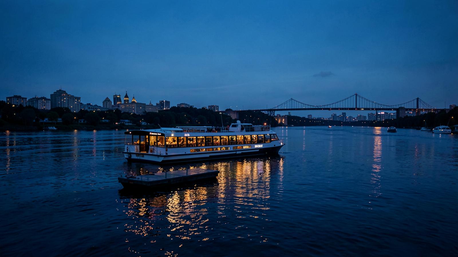 A lit sightseeing dinner cruise boat on a wide river at blue hour with a city skyline behind