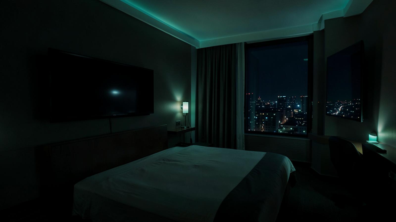 A dark hotel guest room at night with a wall-mounted television and city view