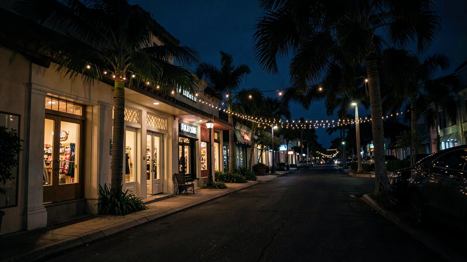 Evening on a Florida main street shopping district with palm trees, string lights and glowing storefronts